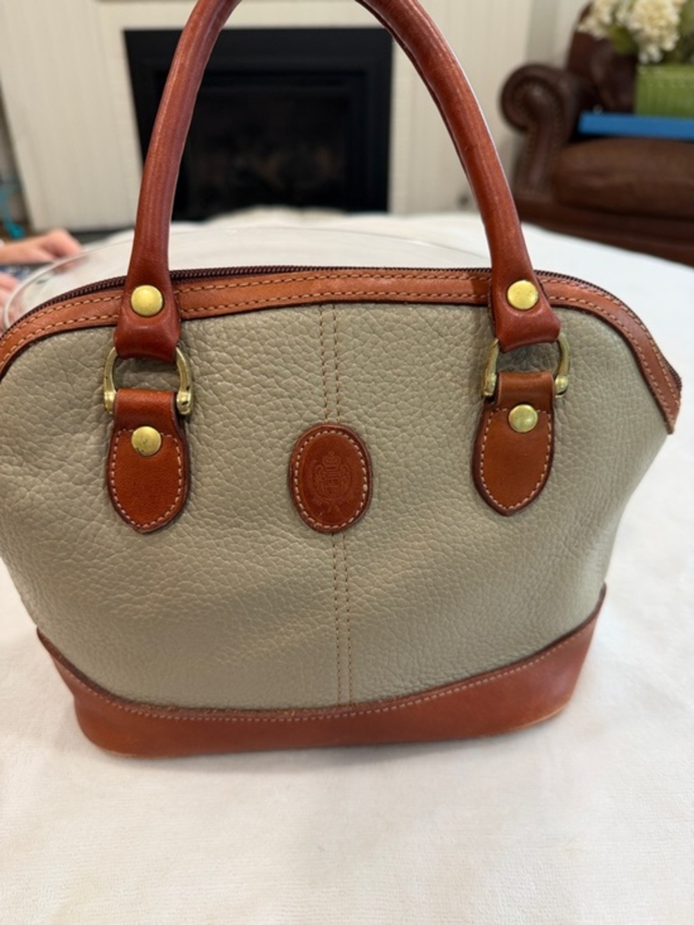Vintage Liz Claiborne Taupe Pebble Leather Satchel with Brown Trim Made in Korea